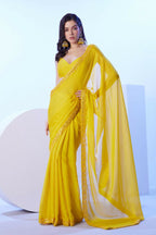 Yellow Moss Solid Designer & Lace Work Saree - Samaa