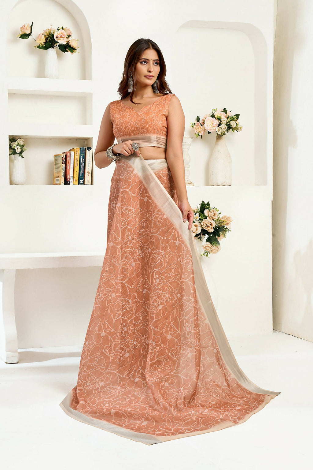 Joban Fashion Rust Brown Floral Linen Ready To Wear Saree With Unstitched Blouse - Distacart