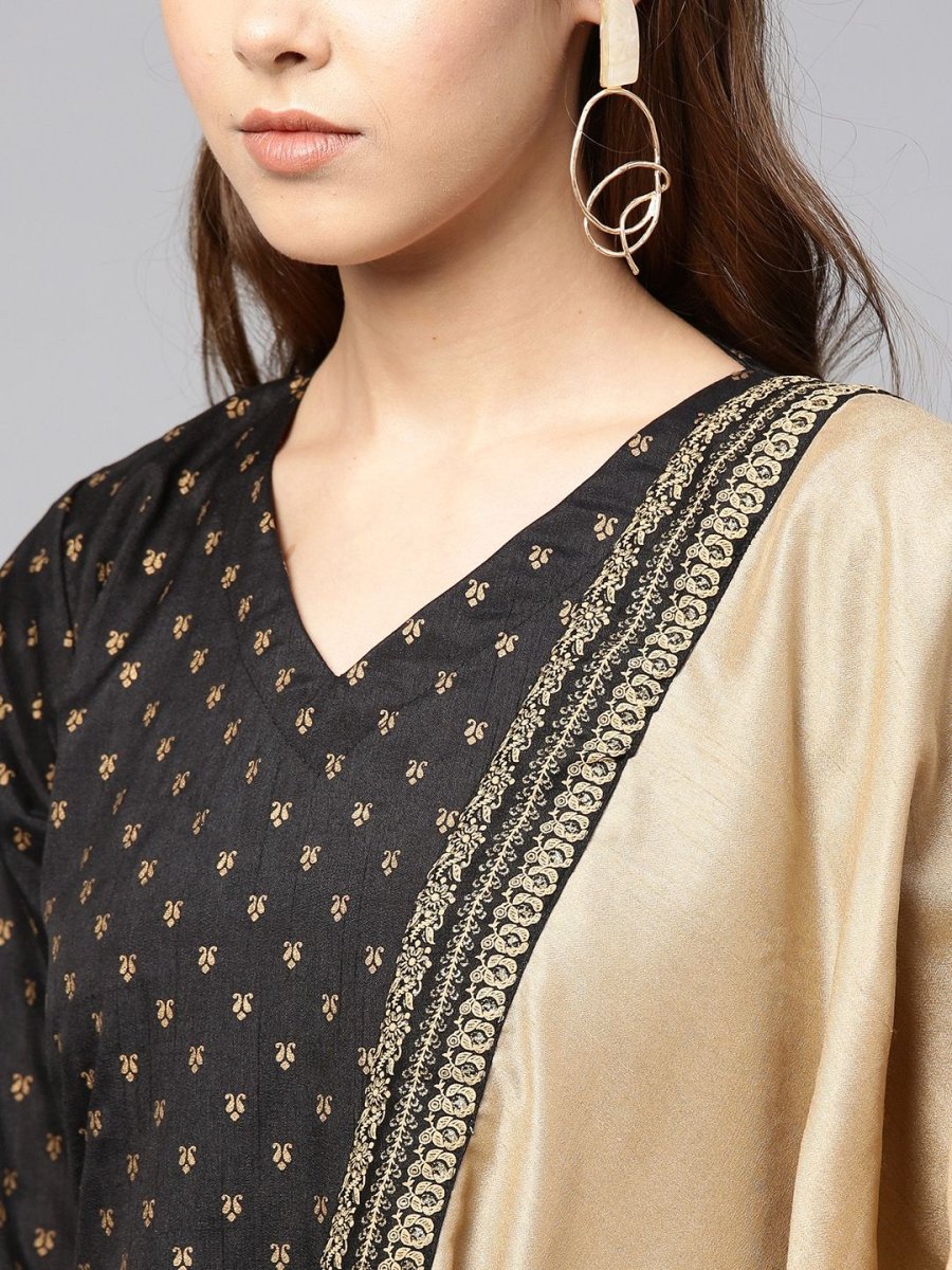Ahalyaa Women's Black Poly Silk Printed Kurta Pant With Dupatta