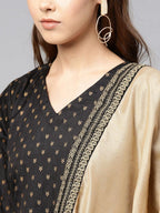 Ahalyaa Women's Black Poly Silk Printed Kurta Pant With Dupatta