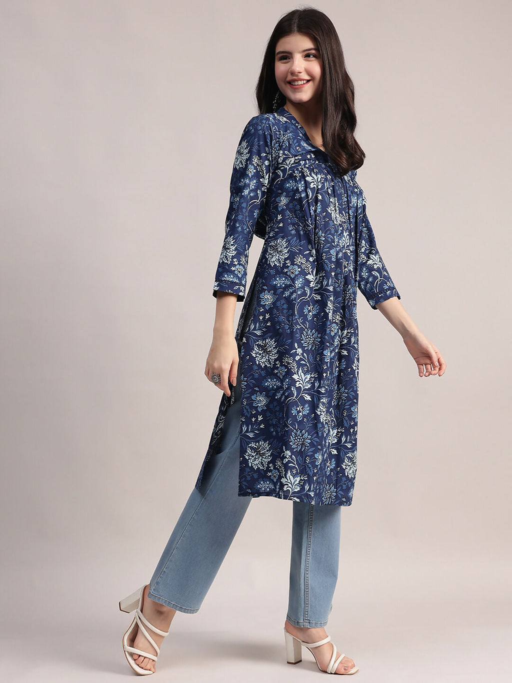 Aavyora Women's Navy Blue Floral Printed Cotton A-Line Kurta with Pintuck Detailing