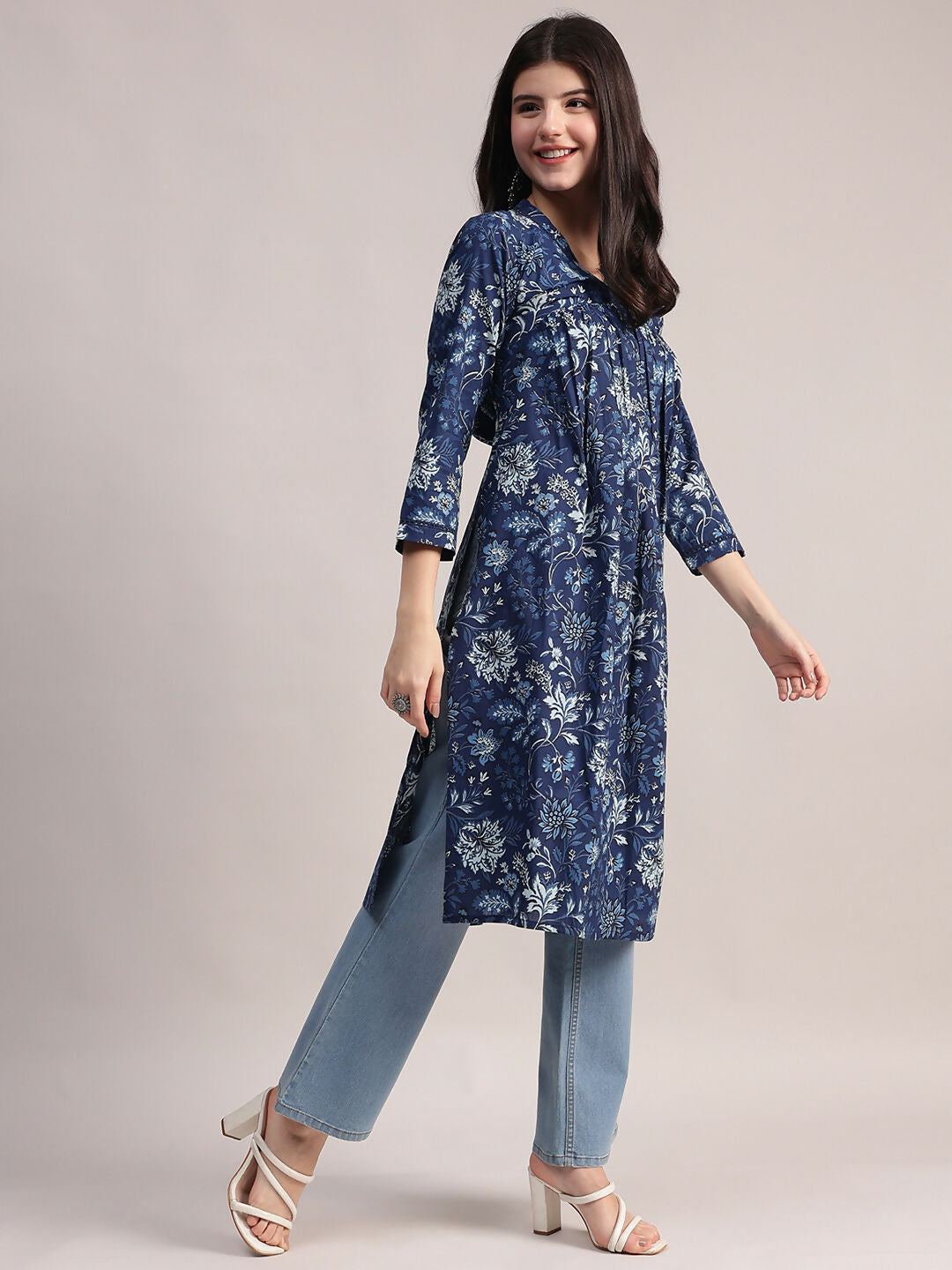 Aavyora Women's Navy Blue Floral Printed Cotton A-Line Kurta with Pintuck Detailing