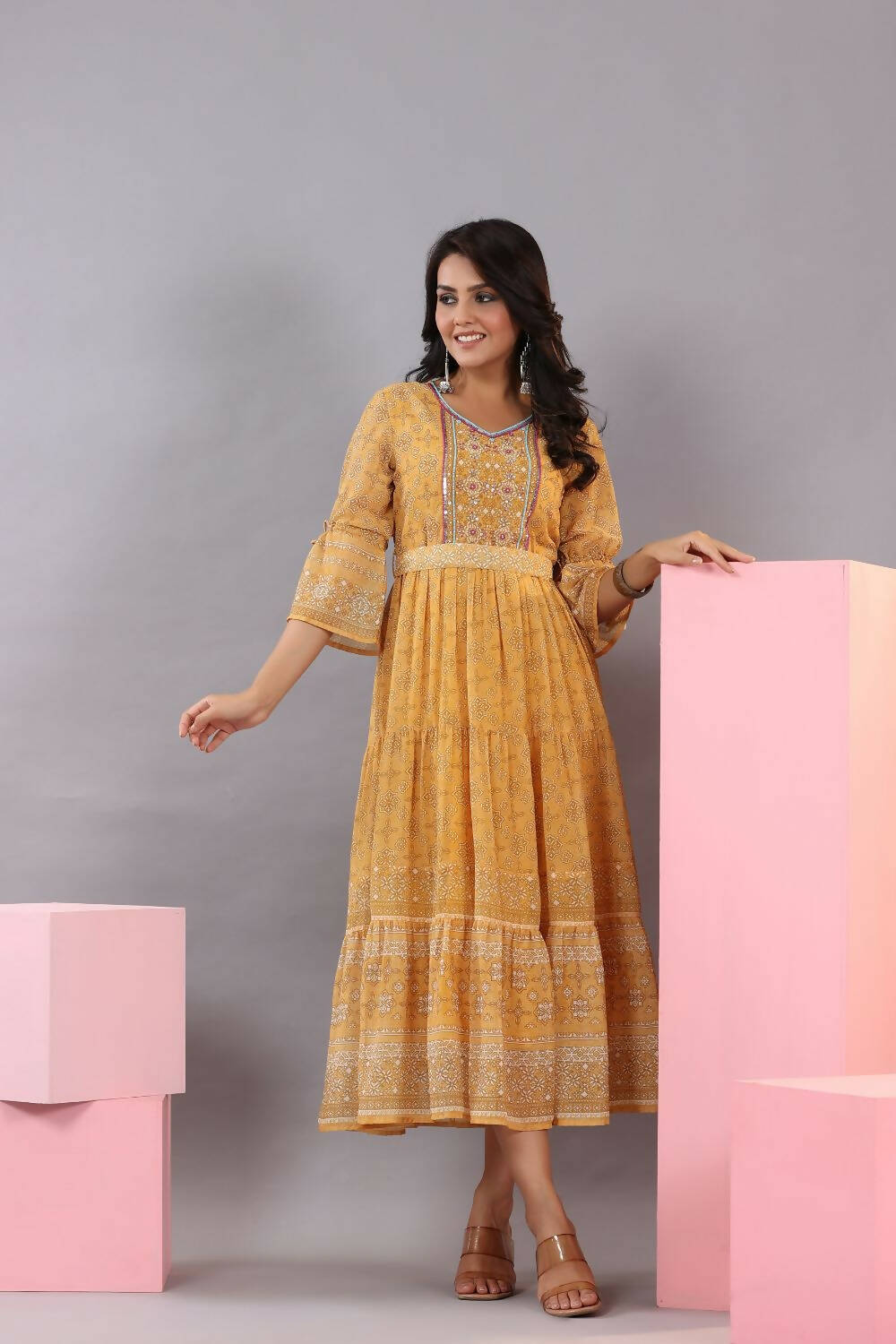 Juniper Women Yellow Georgette Geometric Printed Tiered Maxi Dress - Distacart