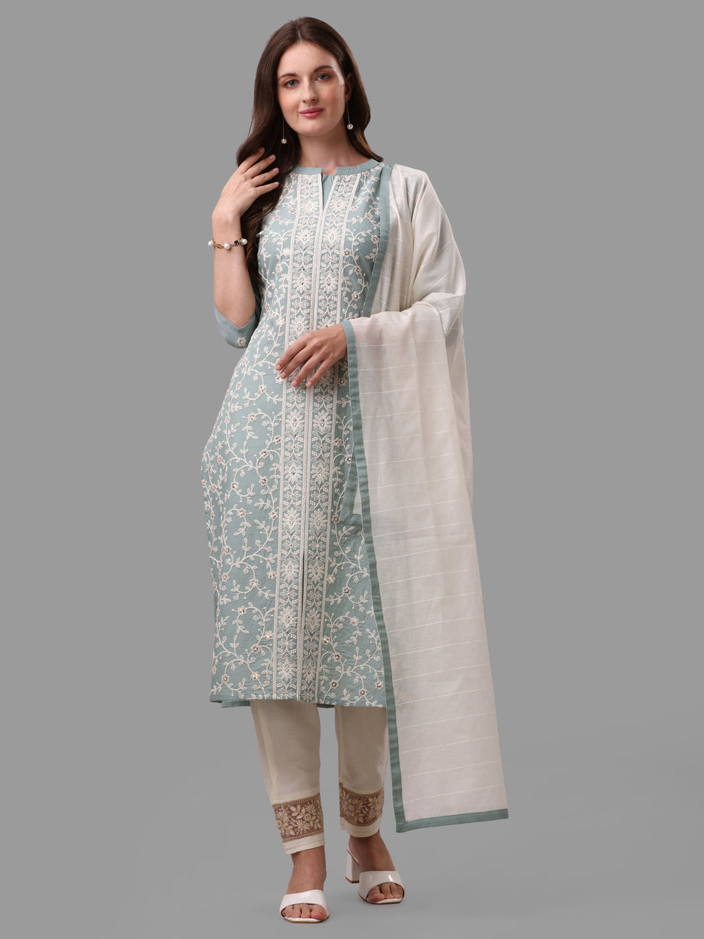 Embroidered Kurta With Pant & Dupatta Set, Multicolor - Hiral Fashion