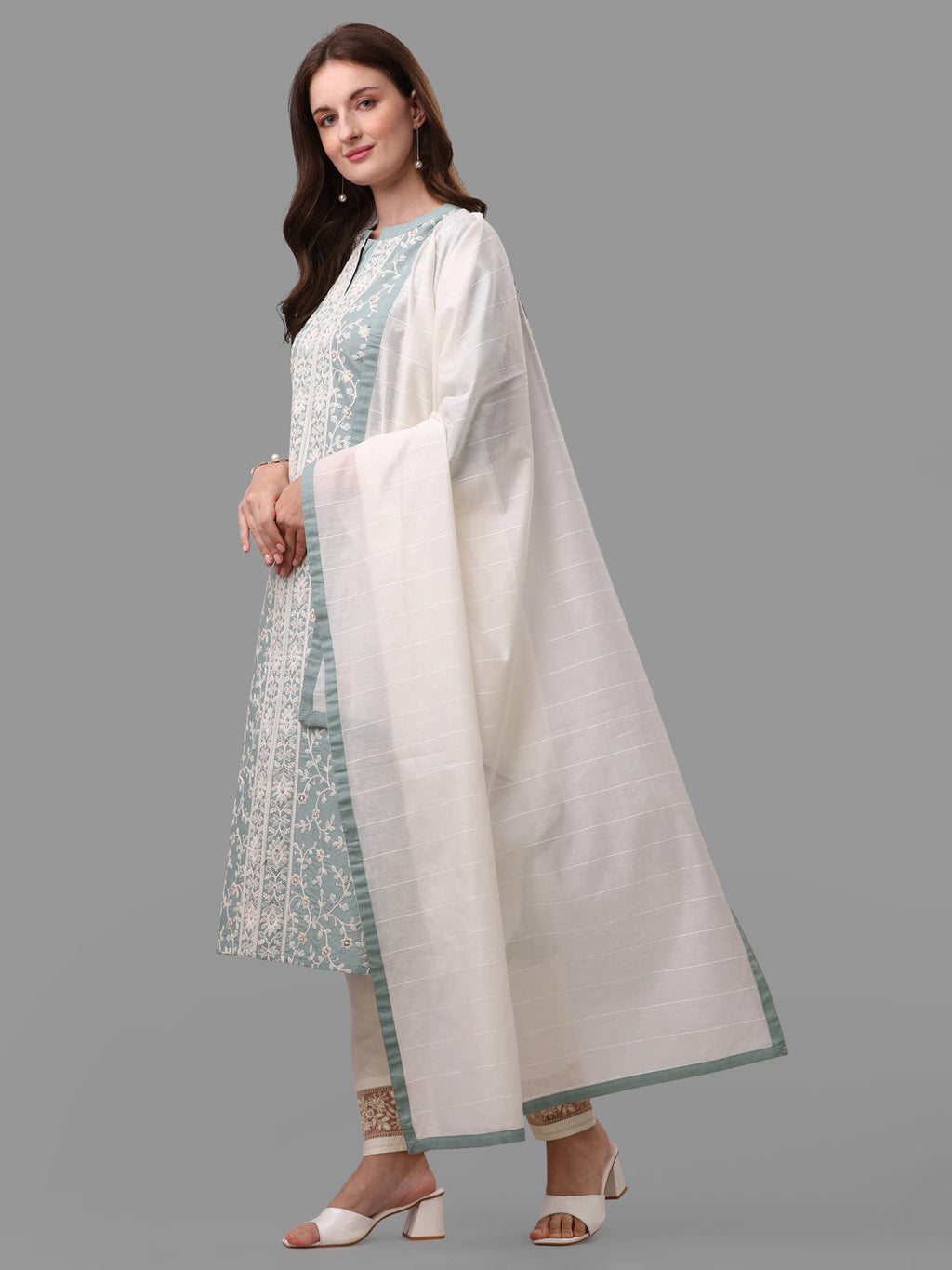 Embroidered Kurta With Pant & Dupatta Set, Multicolor - Hiral Fashion
