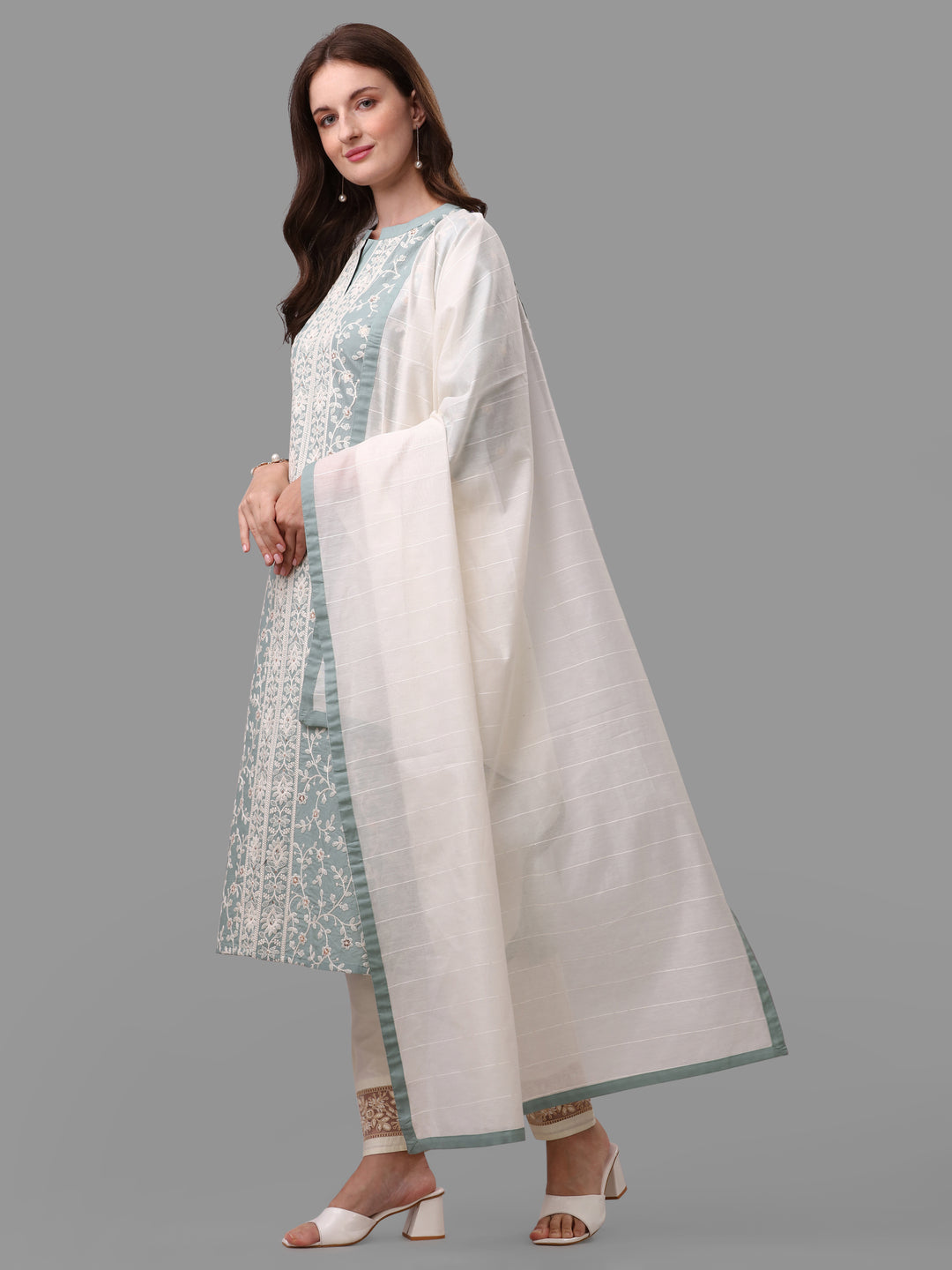 Embroidered Kurta With Pant & Dupatta Set, Multicolor - Hiral Fashion