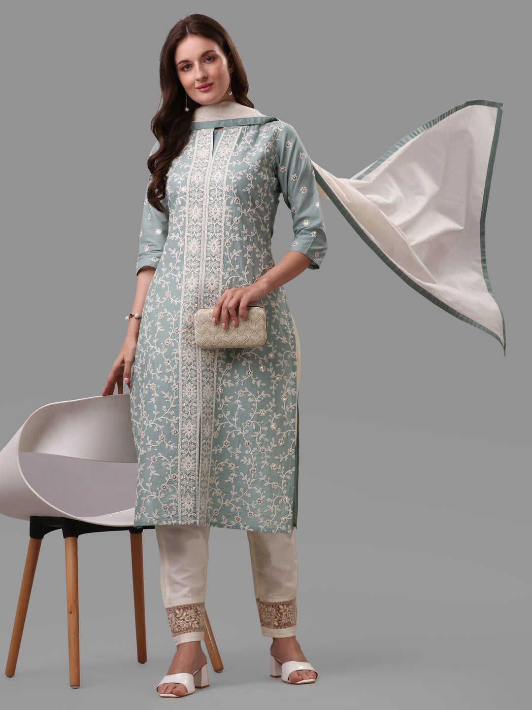 Embroidered Kurta With Pant & Dupatta Set, Multicolor - Hiral Fashion