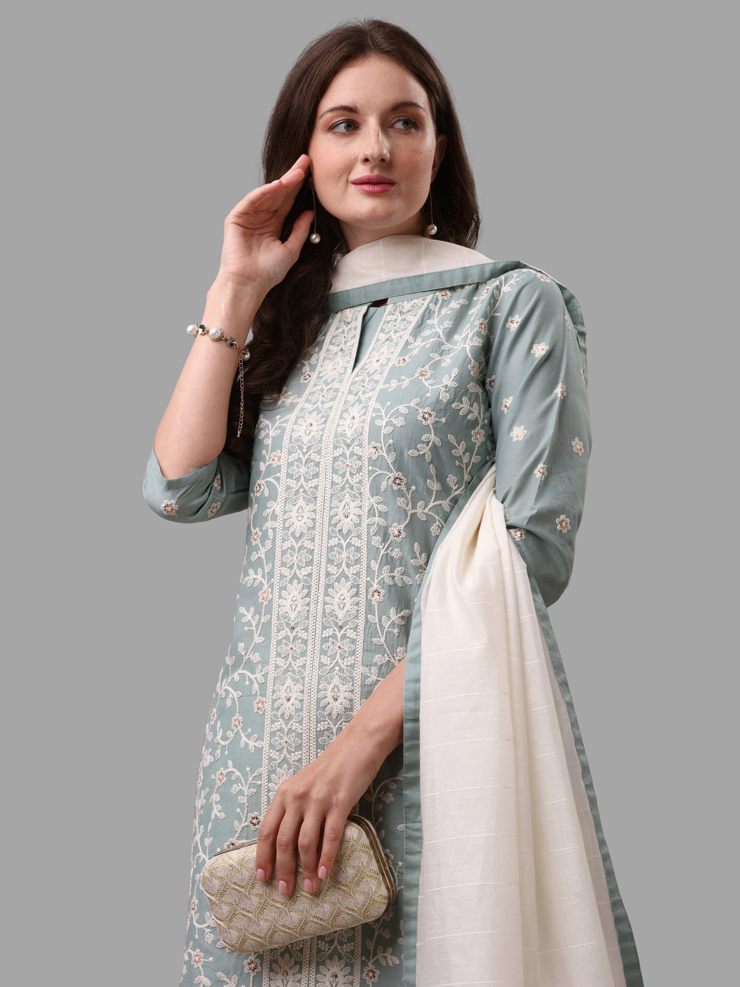 Embroidered Kurta With Pant & Dupatta Set, Multicolor - Hiral Fashion