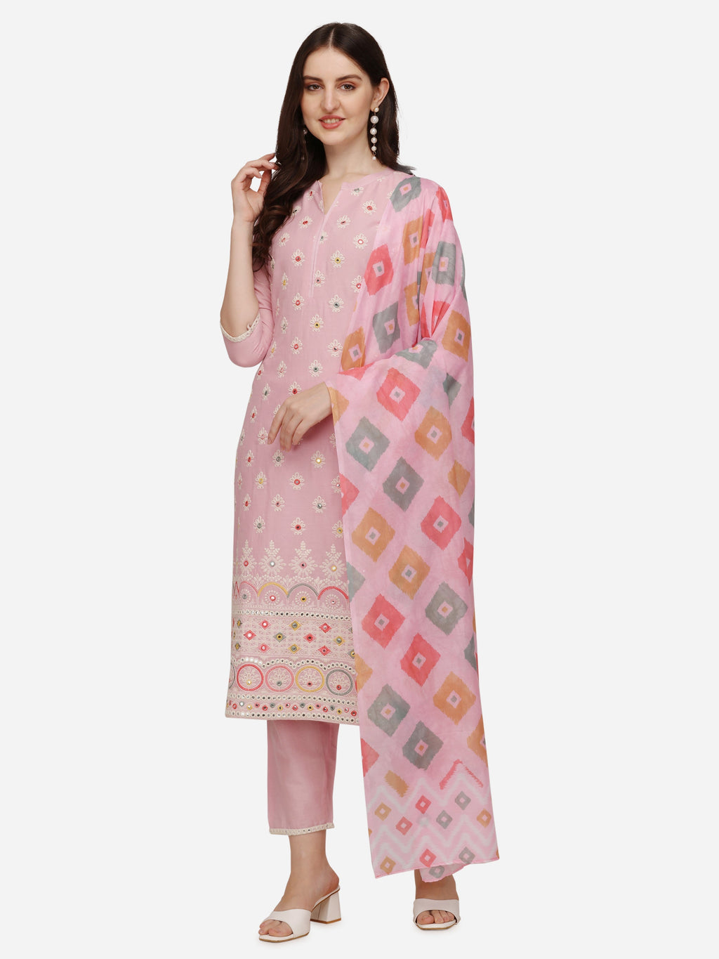 Lucknawi Embroidered Kurta With Pant & Dupatta, Multicolor - Hiral Fashion