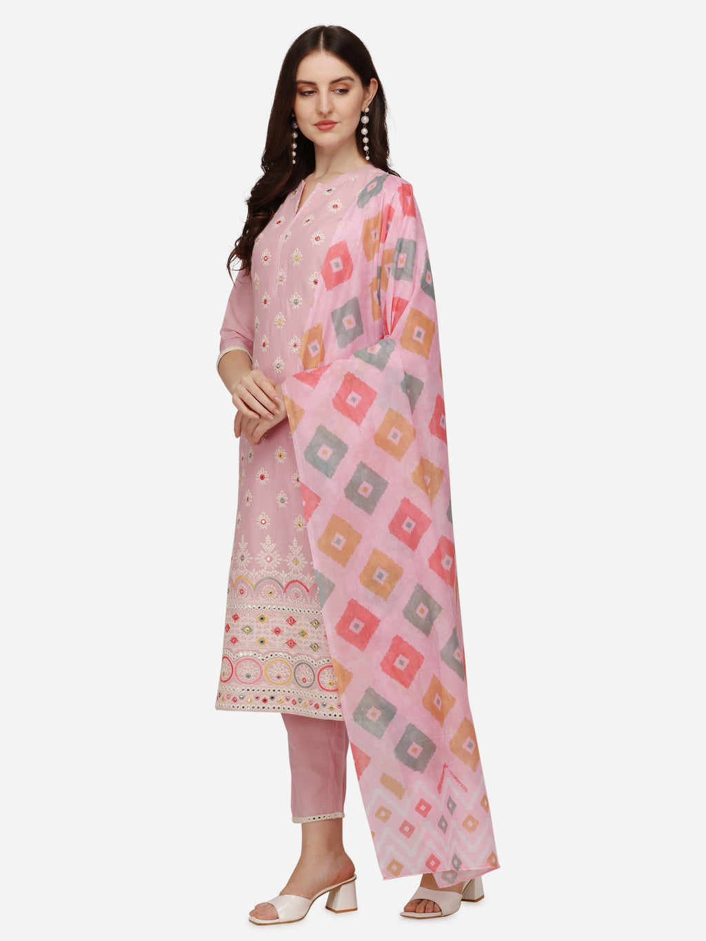 Lucknawi Embroidered Kurta With Pant & Dupatta, Multicolor - Hiral Fashion