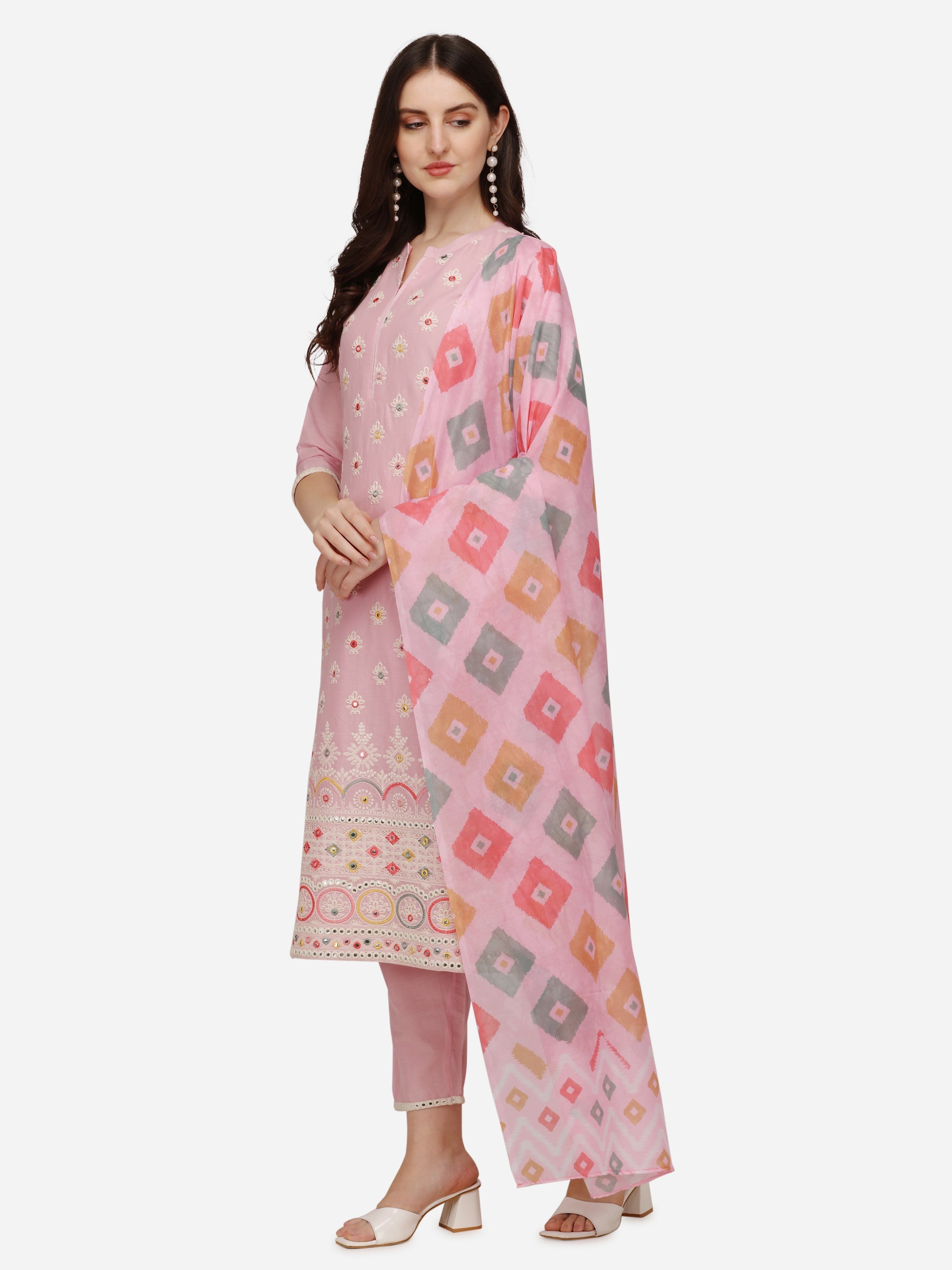 Lucknawi Embroidered Kurta With Pant & Dupatta, Multicolor - Hiral Fashion