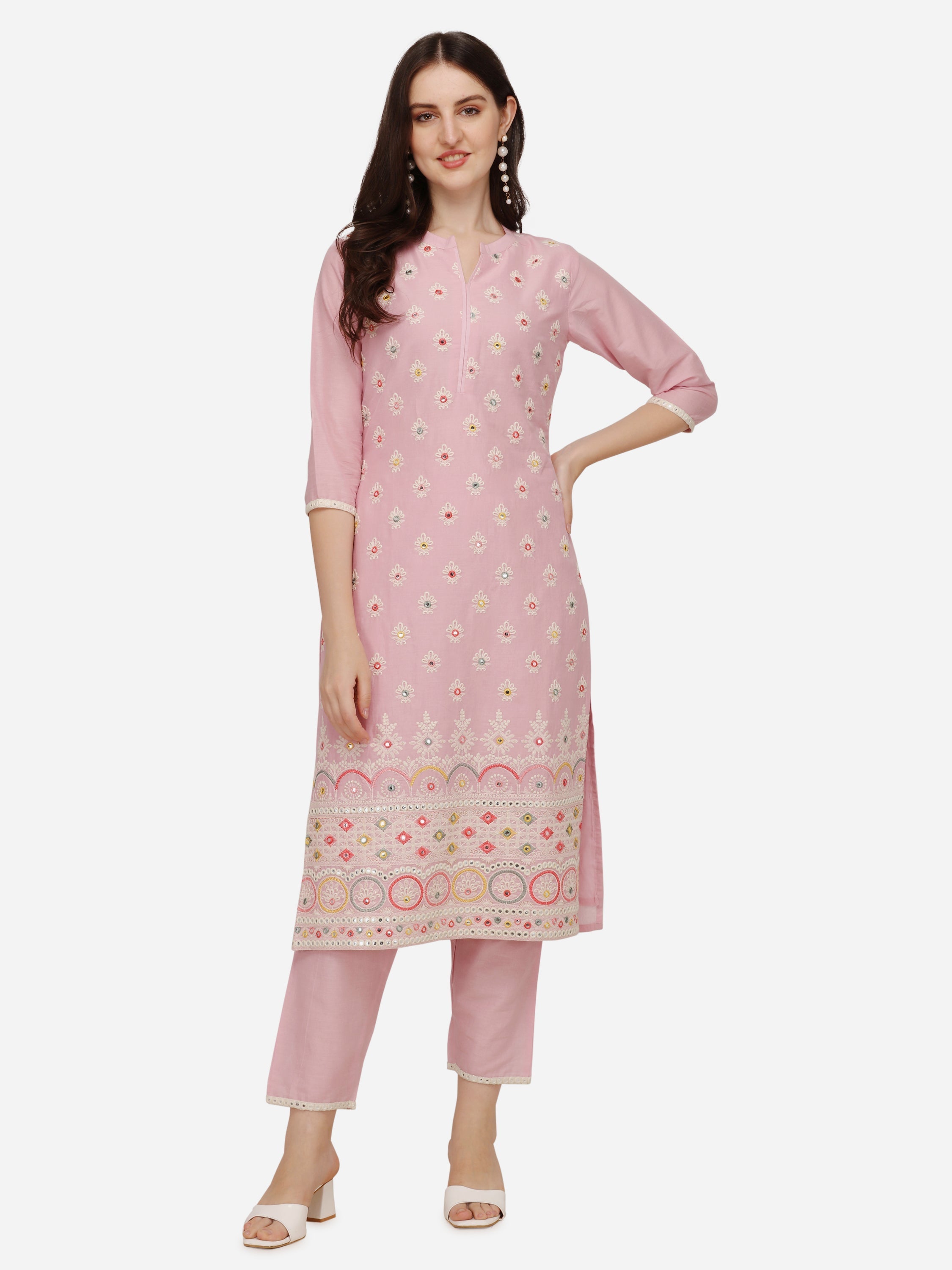 Lucknawi Embroidered Kurta With Pant & Dupatta, Multicolor - Hiral Fashion
