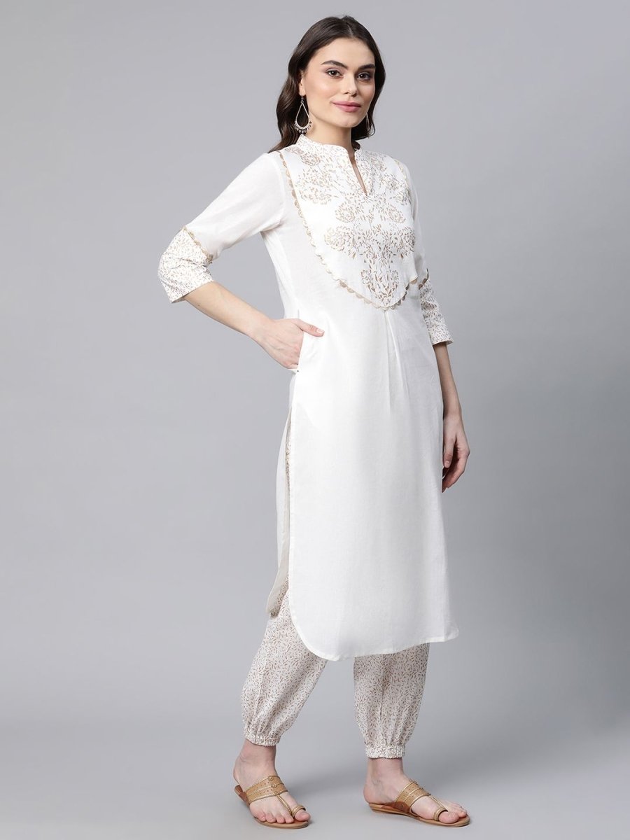 Ahalyaa Women Offwhite Pure Cotton Printed Kurta With Trousers - Distacart