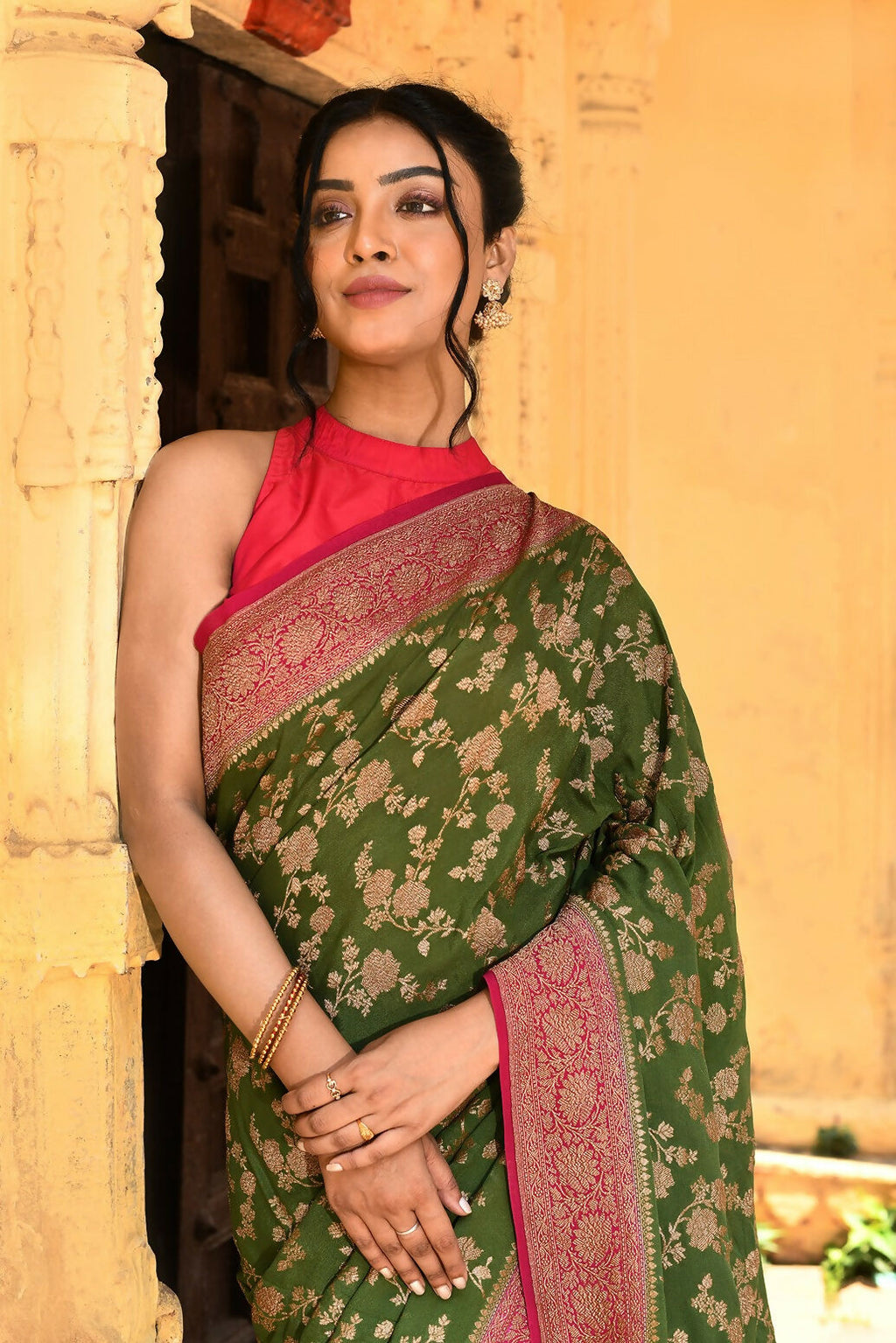 Joban Fashion Green Crepe Chiffon Pure Handloom Banarasi Silk Saree