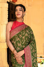 Joban Fashion Green Crepe Chiffon Pure Handloom Banarasi Silk Saree
