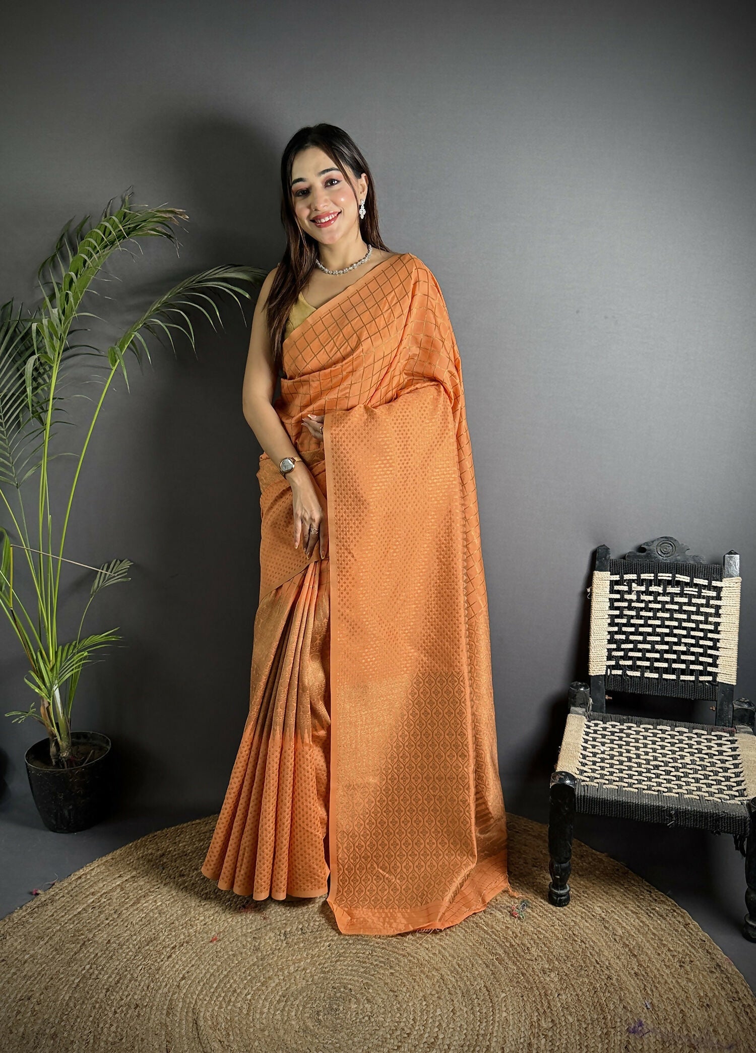 Joban Fashion Orange Banarasi Soft Lichi Silk Checks & Woven Saree - Distacart