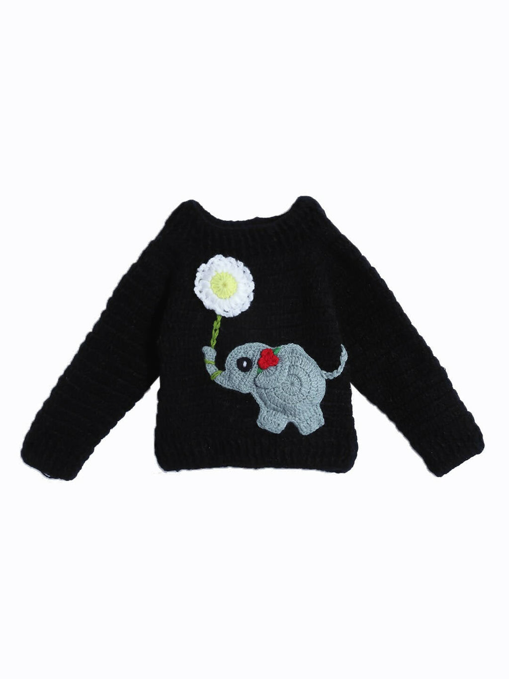 Chutput Kids Woollen Hand Knitted Full Sleeves Elephant Detail Sweater For Baby Boys - Black