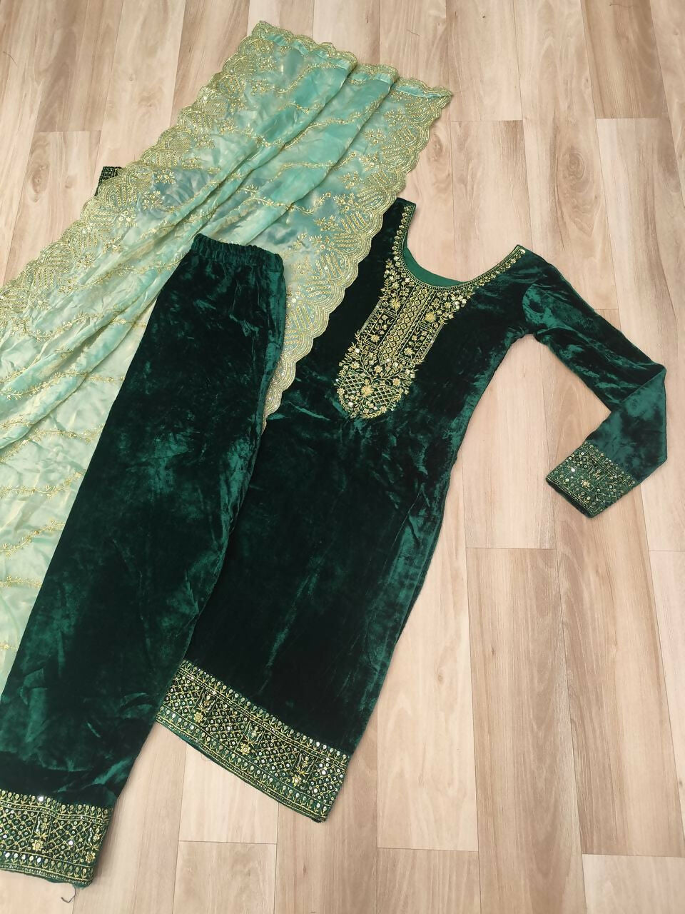 Vastranavya Green Velvet With Rich Sequins & Zari Embroidered Work Top-Bottom With Dupatta - Distacart