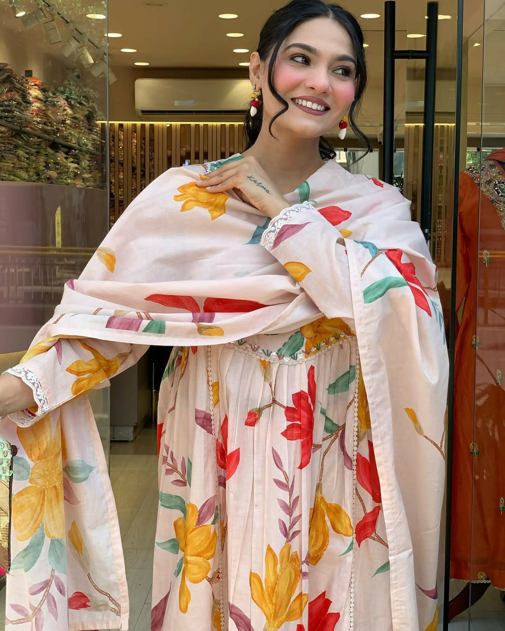 The52 Peach Women's Gorgeous Cotton Fabric Printed Work Straight Kurta Pant and Dupatta Set - Distacart
