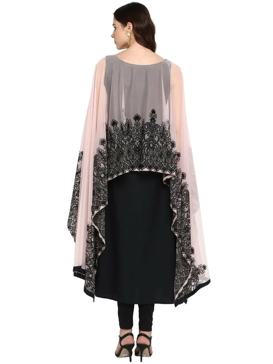 Ahalyaa Women's Beautiful Black Crepe Printed Kurta with Attached Dupatta - Distacart