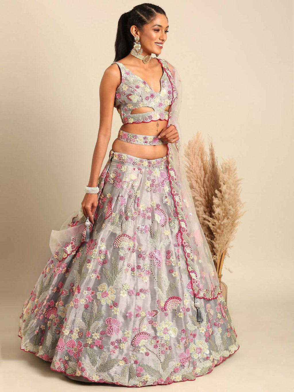 House of Panchhi Grey Organza Sequins and Zarkan embroidery Lehenga choli & Dupatta
