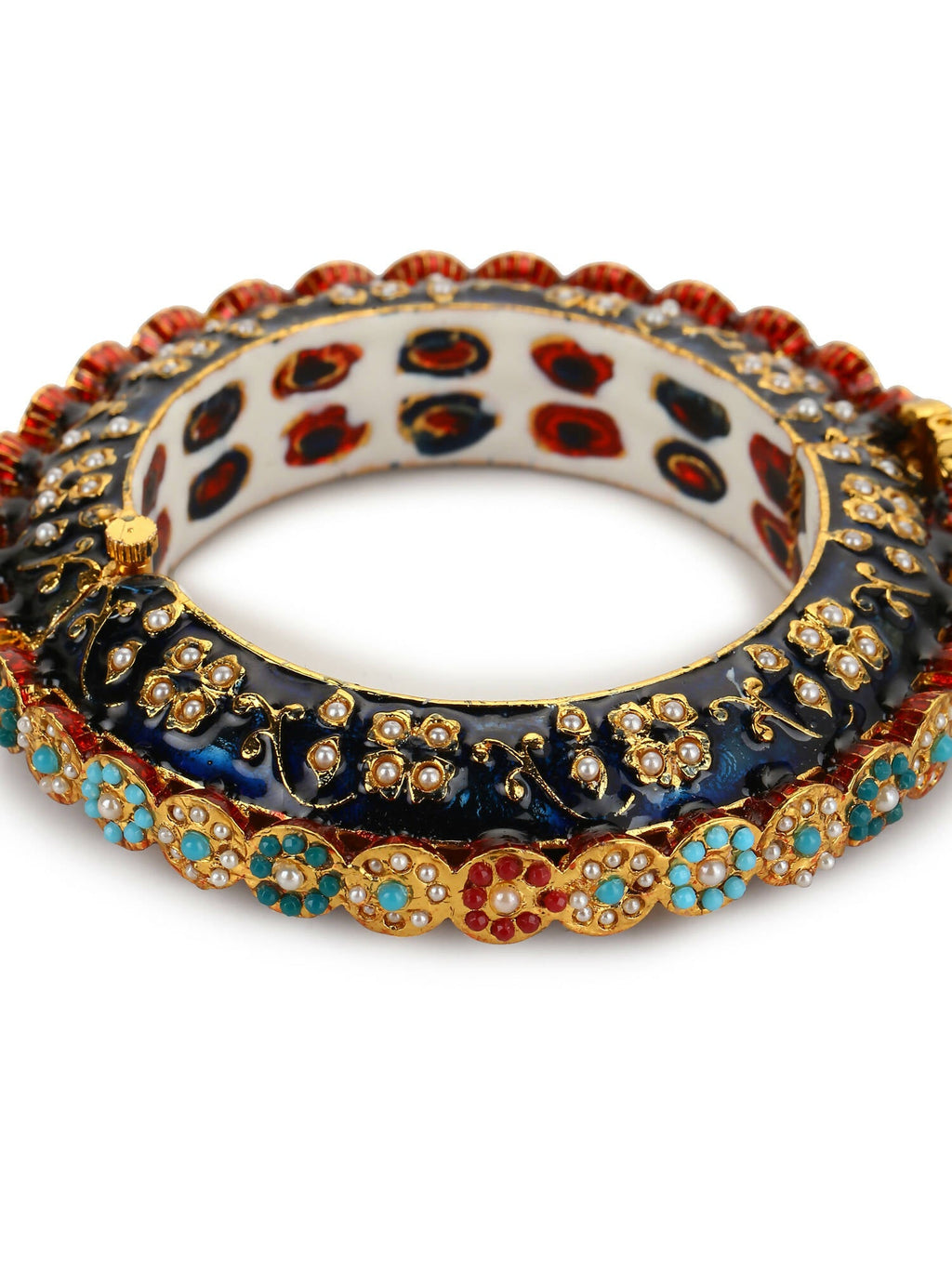 Gold-Plated Blue White Kundan Studded Pearls Beaded Bangle - Ruby Raang - Distacart