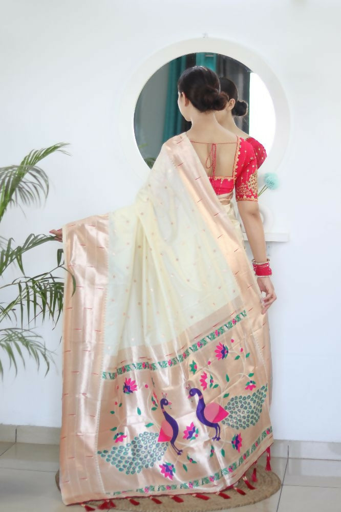 Cream Woven Jacquard Designer Embroidery Work Party Wear Saree - Parampara