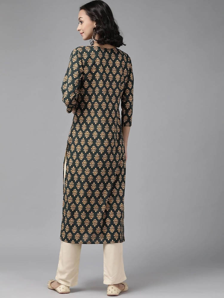 Yufta Women Teal Green & Mustard Yellow Ethnic Printed Pure Cotton Kurta with Palazzo