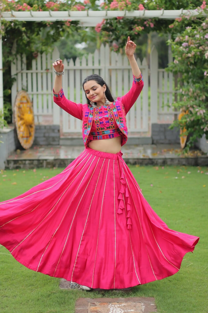 Teeya Creation Pink Colour Roman Silk With Gamathi Work Navratri Lehenga Choli