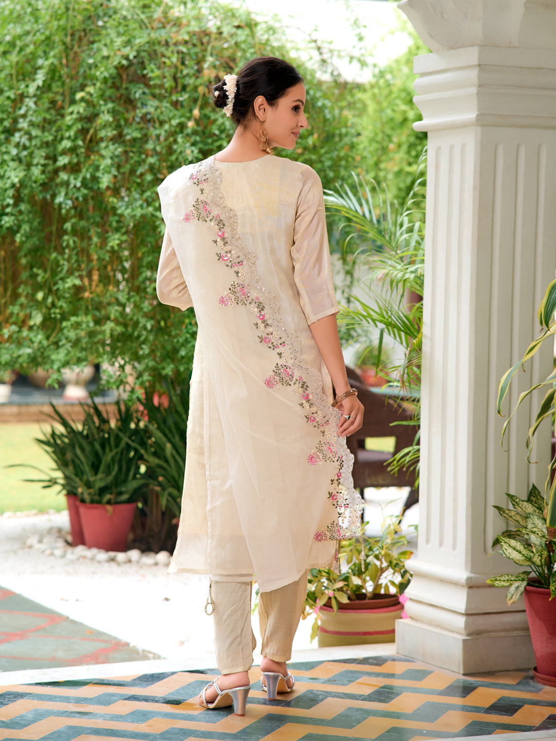 Mirror Embroidered Silk Kurta With Pant & Embroidered Organza Dupatta, Beige - Hiral Fashion