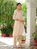 Mirror Embroidered Silk Kurta With Pant & Embroidered Organza Dupatta, Beige - Hiral Fashion