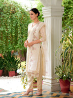 Mirror Embroidered Silk Kurta With Pant & Embroidered Organza Dupatta, Beige - Hiral Fashion