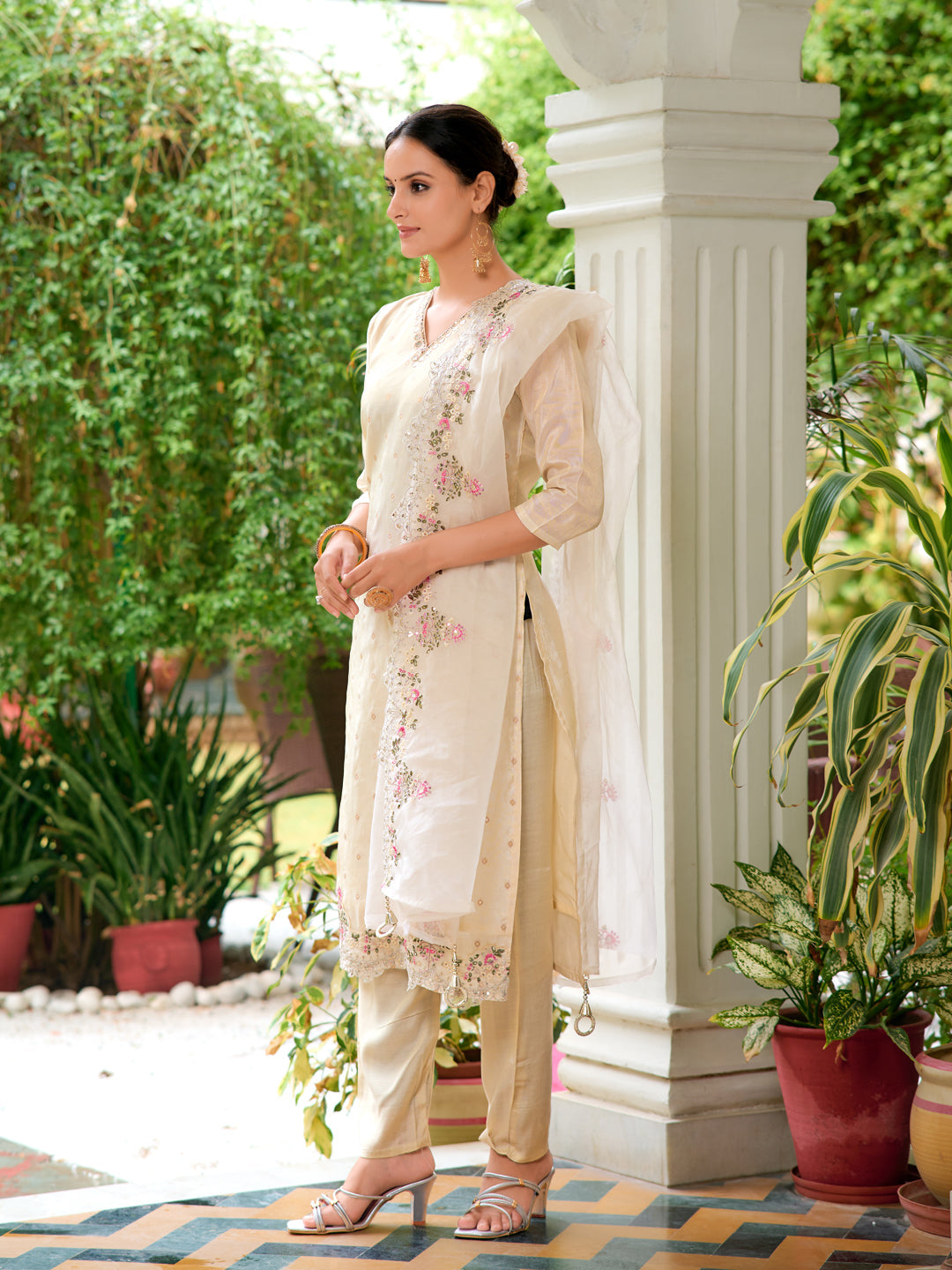 Mirror Embroidered Silk Kurta With Pant & Embroidered Organza Dupatta, Beige - Hiral Fashion