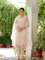 Mirror Embroidered Silk Kurta With Pant & Embroidered Organza Dupatta, Beige - Hiral Fashion