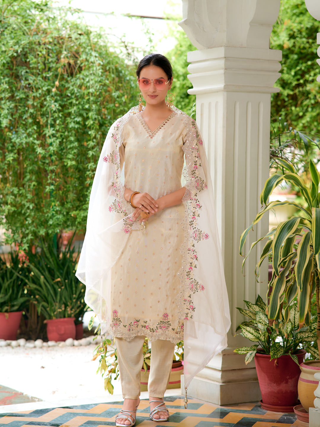 Mirror Embroidered Silk Kurta With Pant & Embroidered Organza Dupatta, Beige - Hiral Fashion
