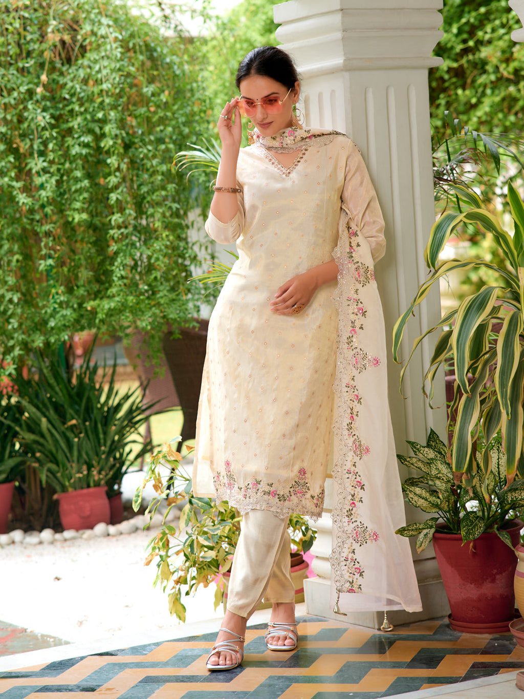 Mirror Embroidered Silk Kurta With Pant & Embroidered Organza Dupatta, Beige - Hiral Fashion