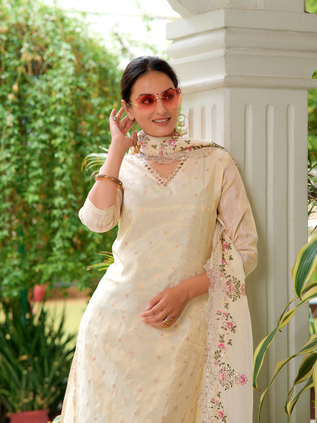 Mirror Embroidered Silk Kurta With Pant & Embroidered Organza Dupatta, Beige - Hiral Fashion