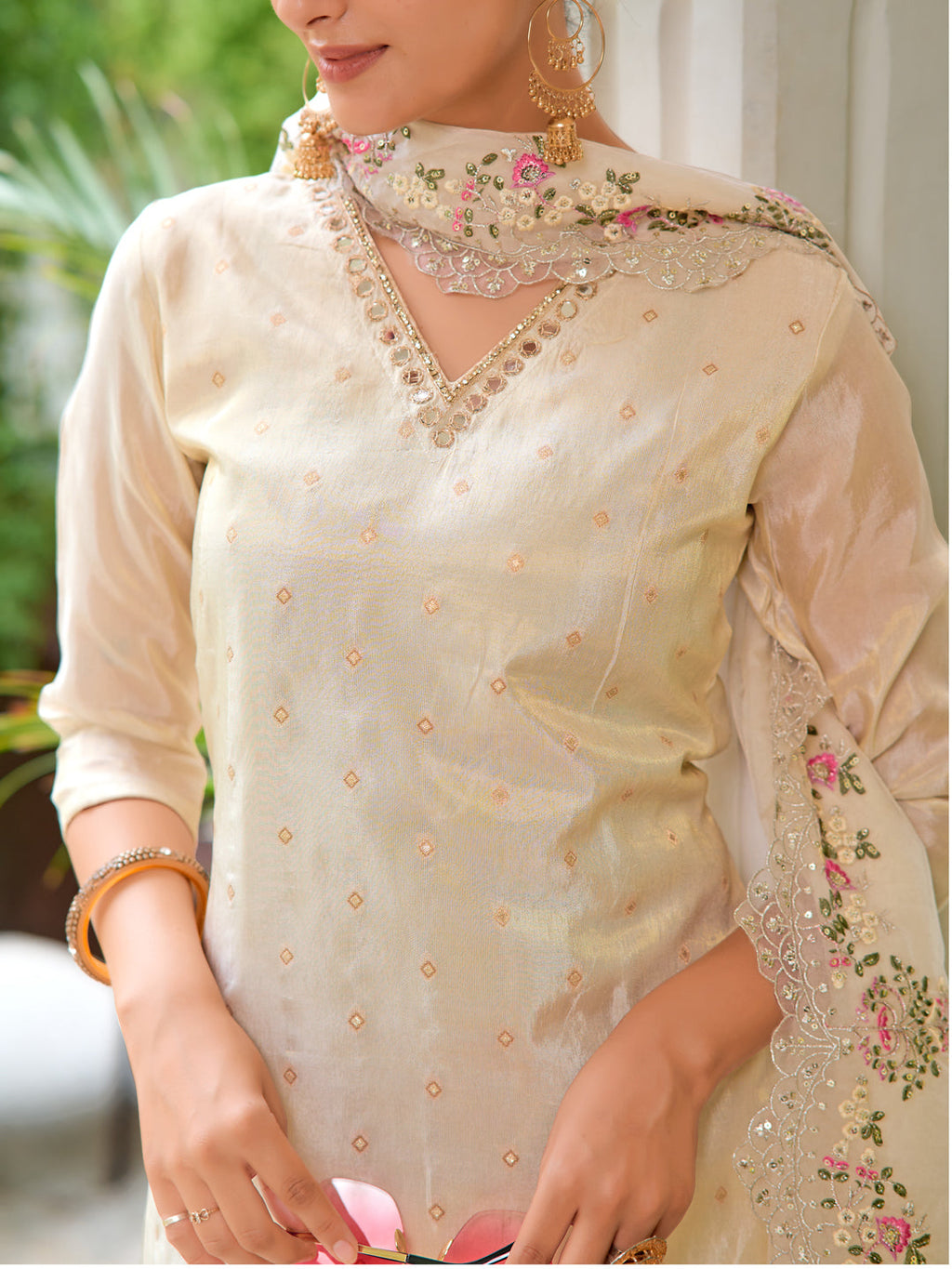 Mirror Embroidered Silk Kurta With Pant & Embroidered Organza Dupatta, Beige - Hiral Fashion