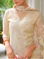 Mirror Embroidered Silk Kurta With Pant & Embroidered Organza Dupatta, Beige - Hiral Fashion