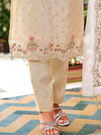 Mirror Embroidered Silk Kurta With Pant & Embroidered Organza Dupatta, Beige - Hiral Fashion
