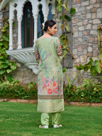 Mirror Embroidered Banarasi Silk Kurta With Pant & Banarasi Dupatta, Green - Hiral Fashion