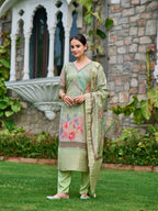 Mirror Embroidered Banarasi Silk Kurta With Pant & Banarasi Dupatta, Green - Hiral Fashion