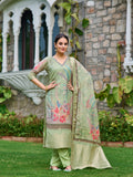 Mirror Embroidered Banarasi Silk Kurta With Pant & Banarasi Dupatta, Green - Hiral Fashion