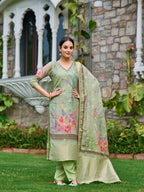 Mirror Embroidered Banarasi Silk Kurta With Pant & Banarasi Dupatta, Green - Hiral Fashion