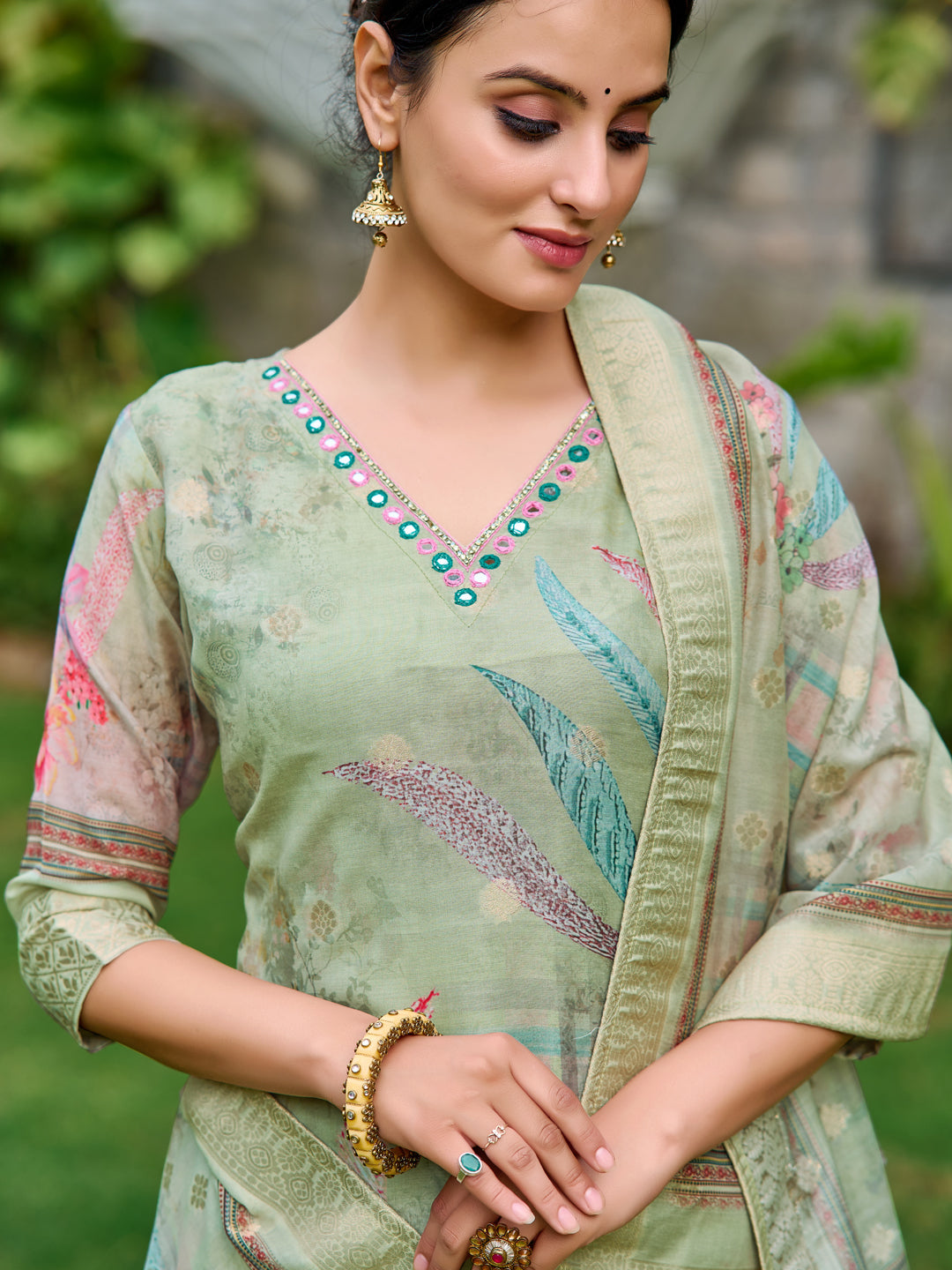 Mirror Embroidered Banarasi Silk Kurta With Pant & Banarasi Dupatta, Green - Hiral Fashion