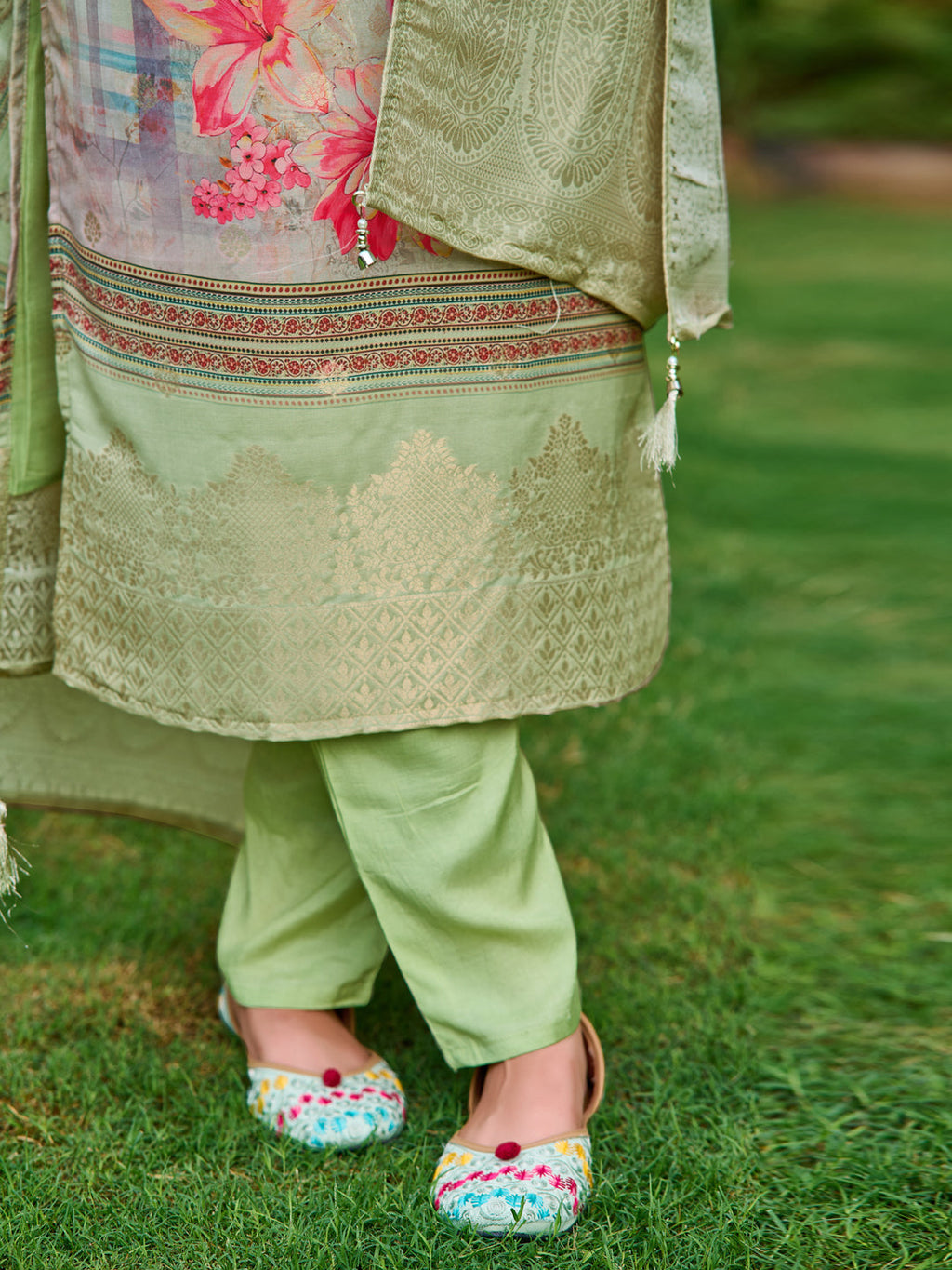 Mirror Embroidered Banarasi Silk Kurta With Pant & Banarasi Dupatta, Green - Hiral Fashion