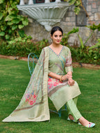 Mirror Embroidered Banarasi Silk Kurta With Pant & Banarasi Dupatta, Green - Hiral Fashion