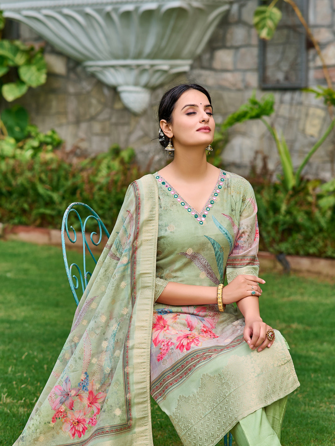 Mirror Embroidered Banarasi Silk Kurta With Pant & Banarasi Dupatta, Green - Hiral Fashion