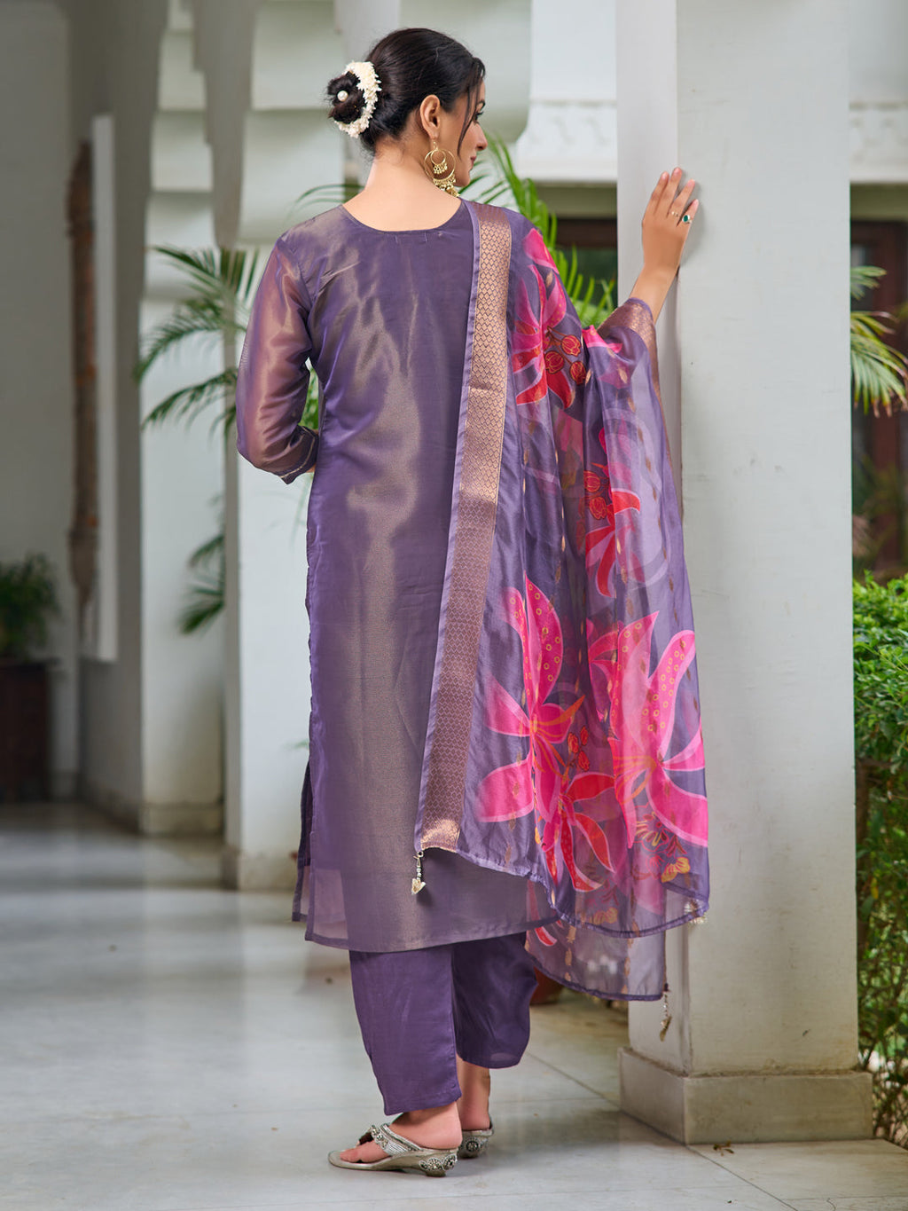 Hand Embroidered Silk Kurta With Embroidered Pant & Printed Organza Dupatta, Purple - Hiral Fashion - Distacart
