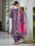 Hand Embroidered Silk Kurta With Embroidered Pant & Printed Organza Dupatta, Purple - Hiral Fashion - Distacart